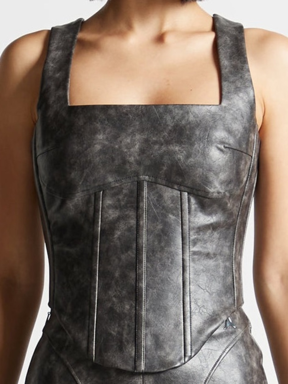 Maniere de Voir Vintage Vegan Faux Leather Corset Top in Distressed Grey EUR 38